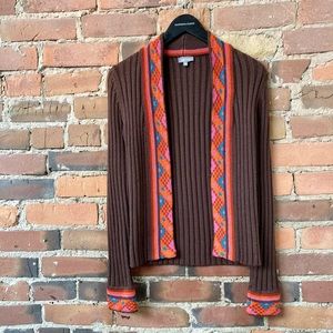 MARC AUREL Brown Open Sweater with Multi-Coloured Cuffs & Border. Size: 36